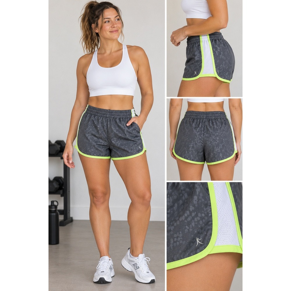 Danskin Now Women's L 12-14 Running Shorts Gray Neon Green Mesh Athletic Y2K